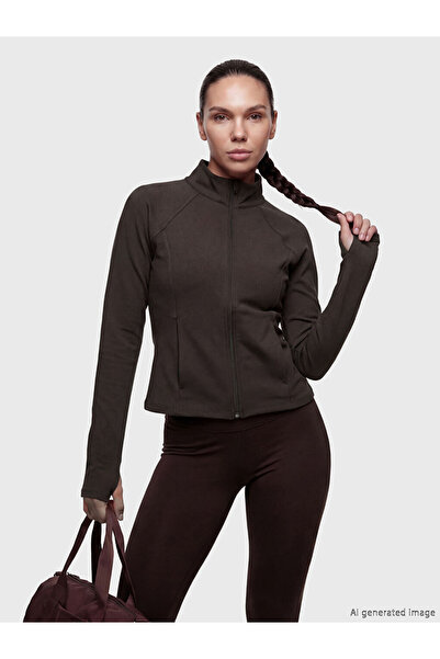 LC Waikiki Καφέ γυναικείο φούτερ με φερμουάρ και ψηλό γιακά