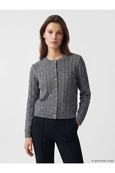 LC Waikiki Gray Crew Neck Sequin Embroidered Women's Knitwear Cardigan