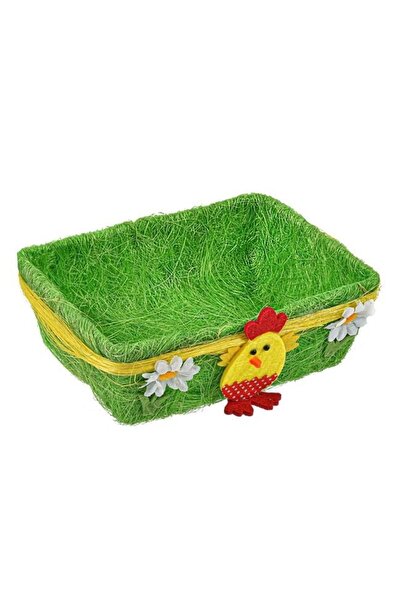 ZanaCasei Coș decorativ de Paște pătrat, verde, cu flori și puișori din pâslă...