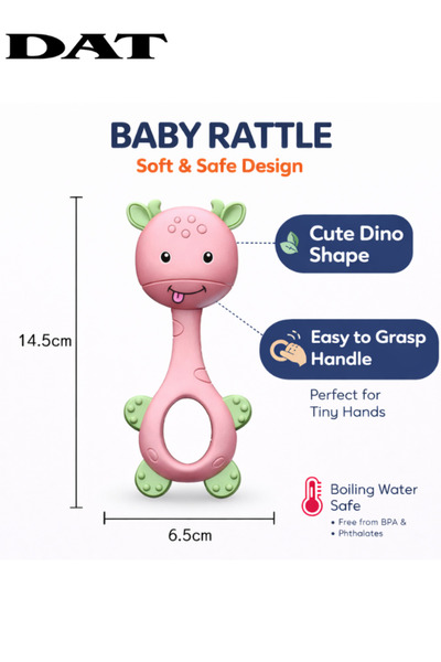 DAT Baby Rattle Dino Toy with Easy-Grip Handle, BPA & Phthalate Free,