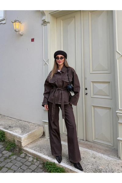 Laluvia Brown Washed Tie-Dye Denim Jacket and Trousers Set