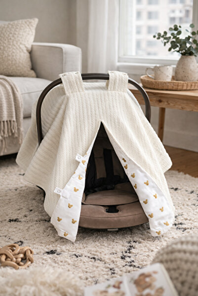 BeygeBaby %100 Pamuk Ekru Örgü Gold Mickey Desenli Çift Yönlü Kullanımlı Puse...