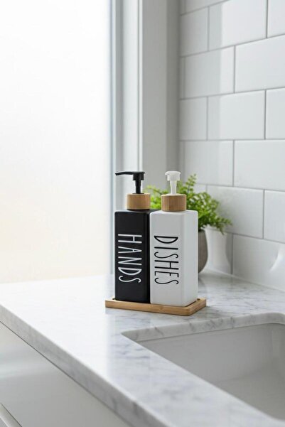 Seram Collection 2’li Cam Sıvı Sabunluk Seti 450 ml | Siyah-Beyaz Tasarım Mut...