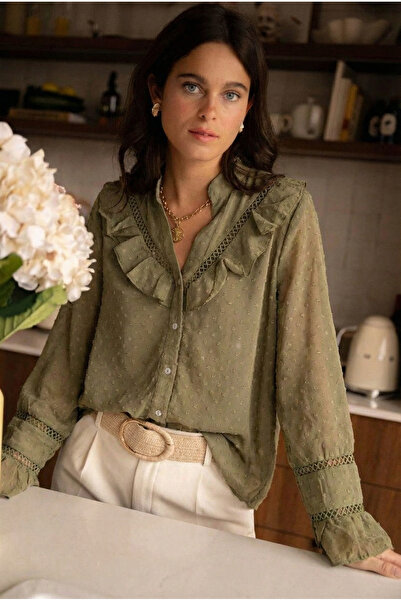 FEMELLE Kadın Yeşil Düğmeli Fırfırlı Şifon Gömlek