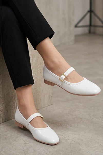 TOFİSA Women's White Faux Leather Patent Leather Ballerinas - 28337-White