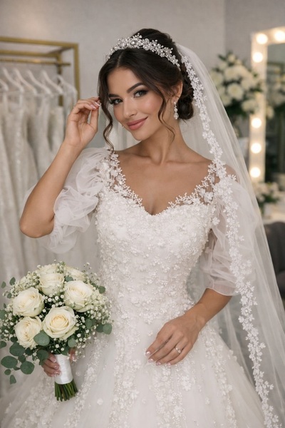 Sibelse Gelinlik Couture Çiçek Aplikeli Romantik A Kesim Gelinlik – Zarif Işıltı