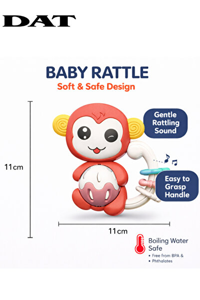 DAT Baby Rattle Monkey Toy with Easy-Grip Handle, Gentle Rattling Sound, BPA ...