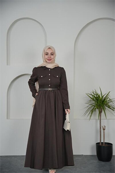 Neşeli Butik Women's Brown Shirt Collar Buttoned Belt Detailed Hijab Dress Nb...