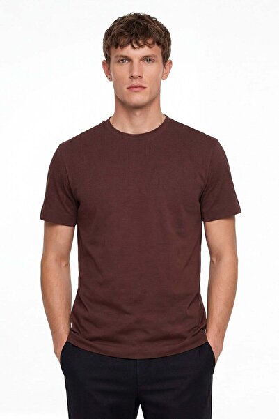 Sabri Özel Men's bitter brown modern fit 100% cotton basic t-shirt
