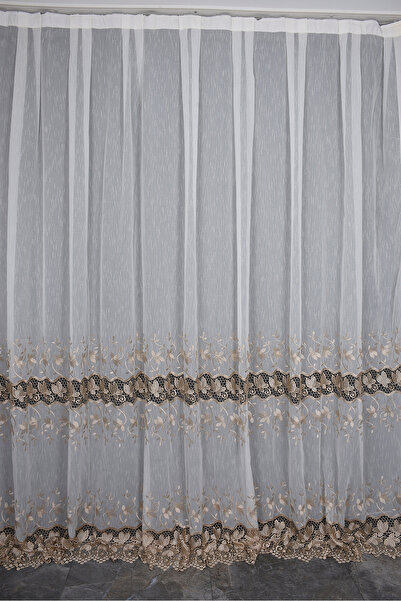 AKÇA TEKSTİL Embroidery 16 Model Cream Color Single Wing Ready-Made Pleated B...