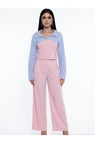 OEM Women's casual pink blue wide-leg pants suit, S/M