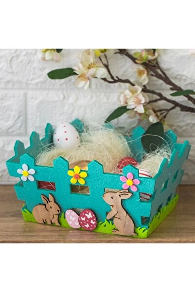 ZanaCasei Coș decorativ de Paște turcoaz, din pâslă, cu design de iepuraș, 22...