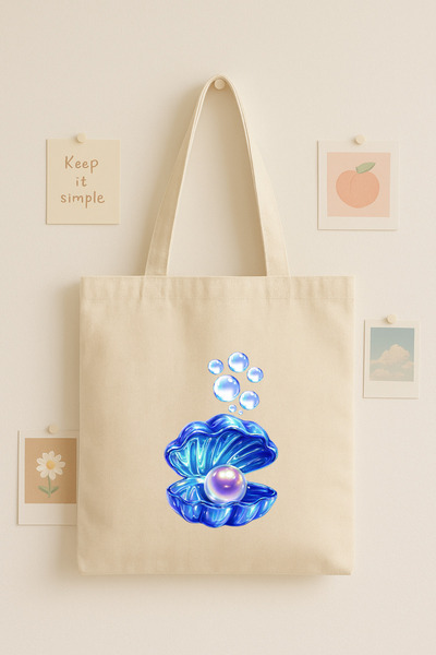 Maki Craft İnci ve İstiridye Baskılı Bez Çanta – Deniz Temalı Şık Tote Bag