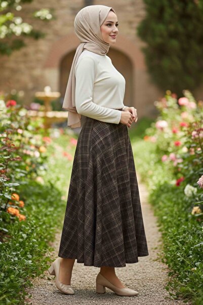 TOFİSA Square Patterned Bell Skirt Mink - 28239-Vizon