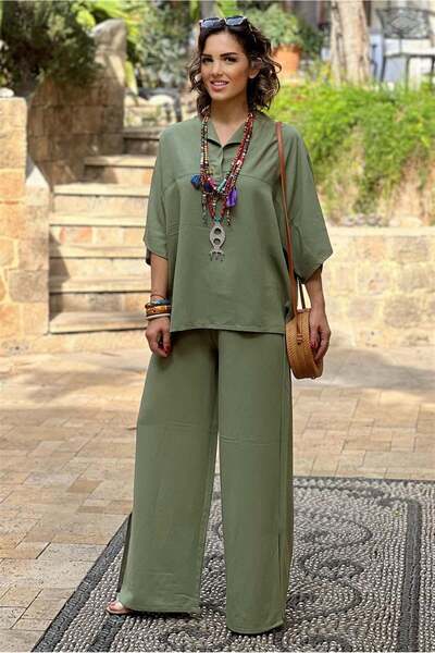 Nevin Kaya Moda Set bluză și pantaloni din in 100% bumbac, kaki, Basic