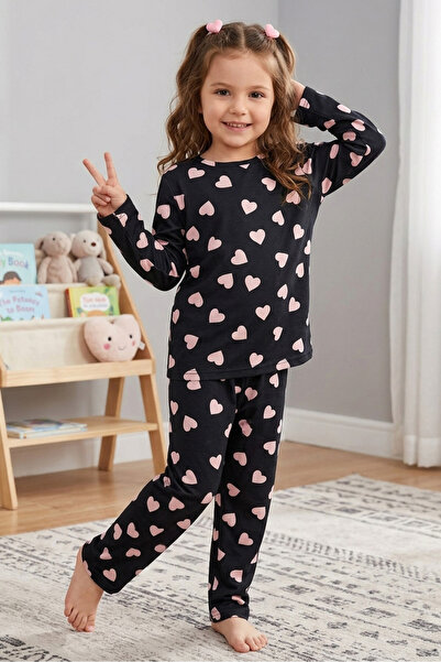 TOFİSA Girl's Black Heart Suede Pajama Set - 28348-Black