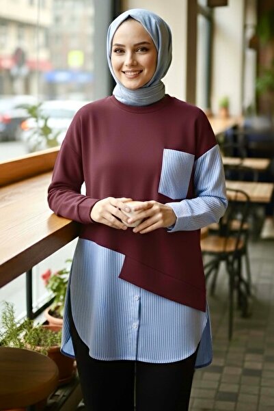 TOFİSA Stripe Garnished Modal Tunic Claret Red - 1010-Bordo