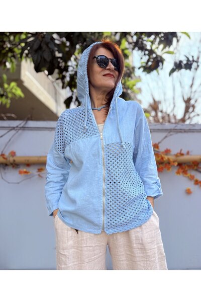 DenizEge Italian Mesh Detail Hooded Linen Jacket Cloud Blue