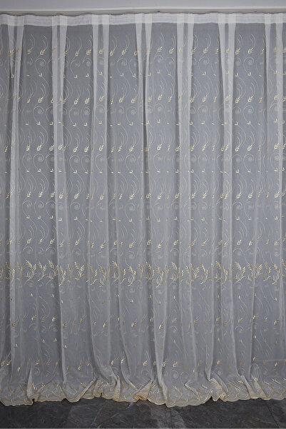 AKÇA TEKSTİL Brode 2850 Pattern Cream Color Single Wing Ready-Made Pleated Ba...