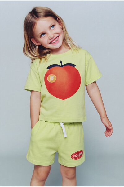 Magu Unisex Kids' Cotton Neon Green Peach Printed T-Shirt Shorts Set - with L...