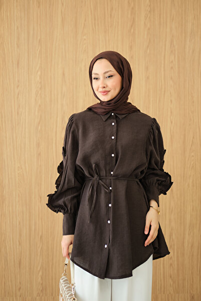 LOCCO Γυναικείο πουκάμισο με βολάν στα μανίκια και δέσιμο στη μέση, καφέ χρώμα