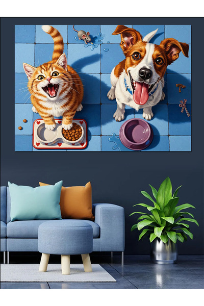karizmart Mama Bekleyen Kedi Ve Köpek Dekoratif Kanvas - Mdf Ahşap Tablo