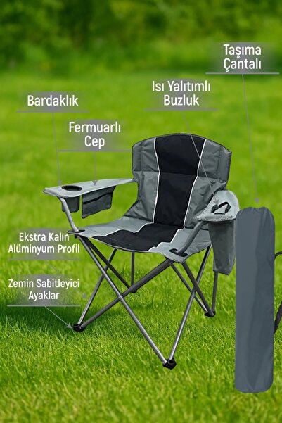 Passway Camp XL Kalın Profil Kamp Sandalyesi Buz Çantalı Siyah Gri