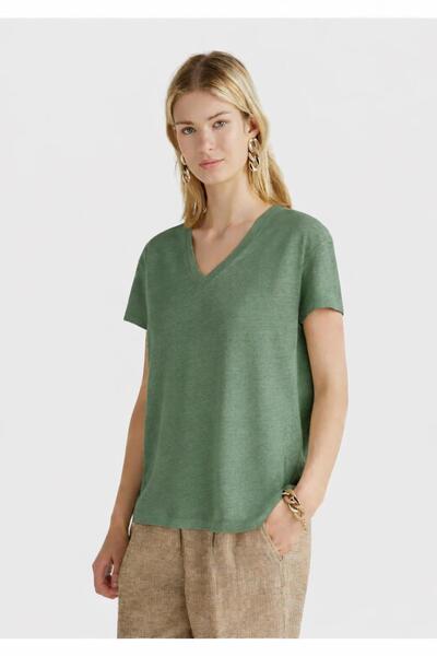 United Colors of Benetton 100% Linen Off-Shoulder Relax Fit V-Neck T-Shirt Mo...