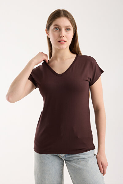 MERİCEY Women's Viscose Bat Sleeve Front and Back V-Neck T-Shirt - Regular Fi...