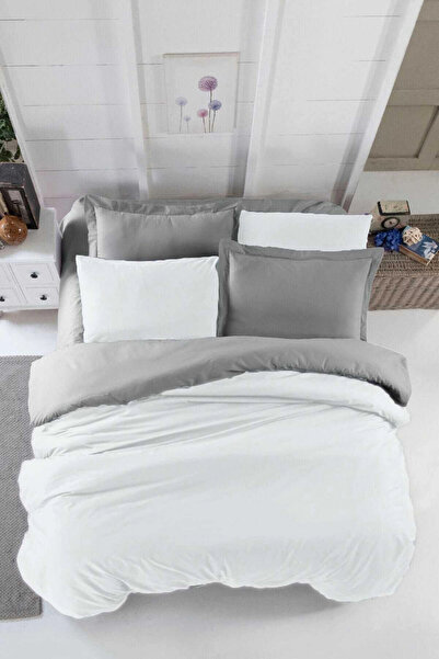 Mira Home Double Fitted Sheet Duvet Cover Set Cotton Four Season White Gray