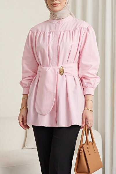 Modamorfo Hidden buttoned belted poplin tunic -pink