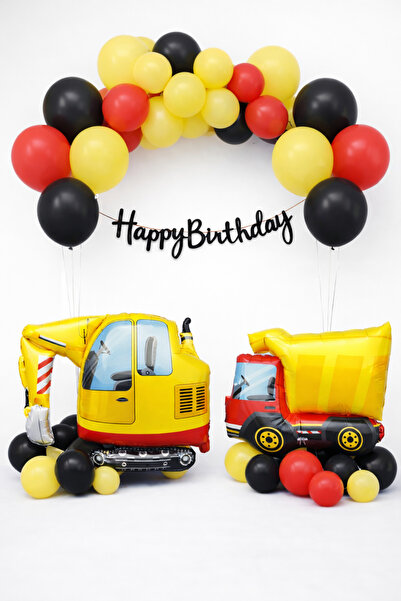 Baloncu Nene İnşaat Temalı Doğum Günü Balon Seti Siyah Banner Kepçe Kamyon Kı...