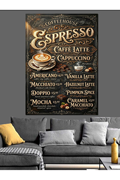 karizmart Espresso Cafe Latte Menü Tabelası Dekoratif Kanvas - Mdf Ahşap Tablo