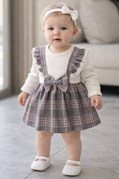 Chicsy Baby Sweet Baby Girl Plaid Gilet Style Dress with Bow Detail and Ribbed B