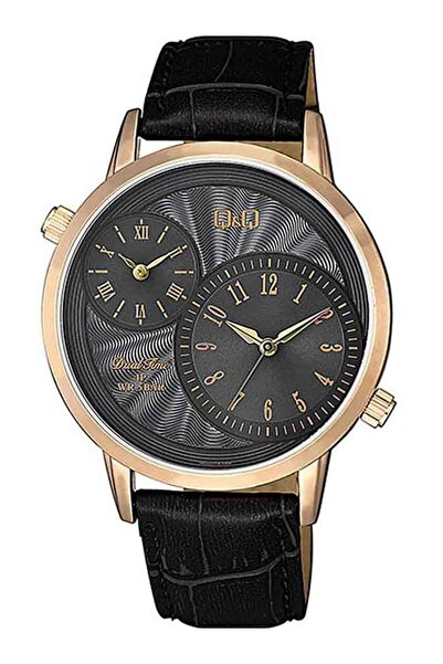 Q&Q Men's Watch QZ22J105Y Quartz, Dual Time, Black Leather Strap, Rose Gold