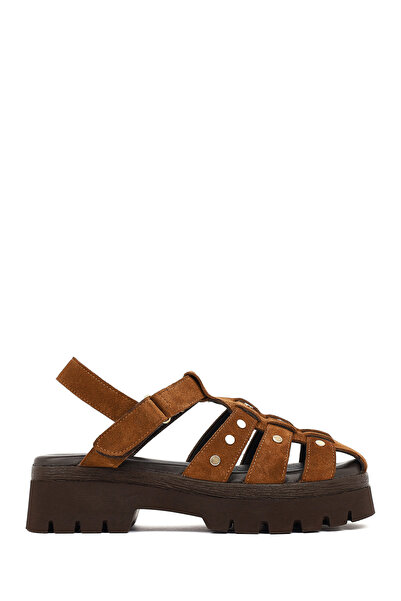 Derimod Women's Tan Strappy Thick-Soled Suede Leather Sandals 26Sfd207410