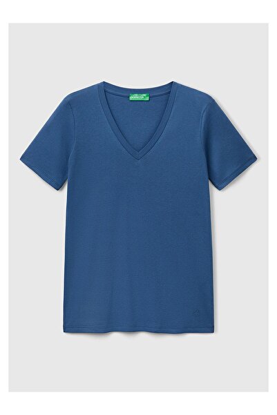 United Colors of Benetton Blue Women's / Girls' Bn_100% Cotton V-Neck Basic T...