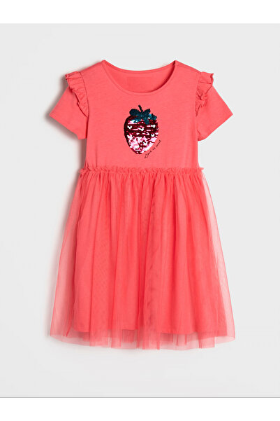 OEM Rochie de bumbac cu fustă din tul, model Căpșună, Roz, 134 CM, 8-9 ani