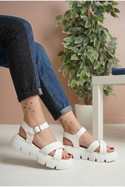 Sentyrax Sandale sport de vară, albe, cu talpă groasă, confortabile, pentru f...