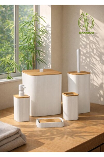 Store HGY Home Real Bamboo Detailed Mina Square Λευκό Σετ Μπάνιου 5 τεμαχίων