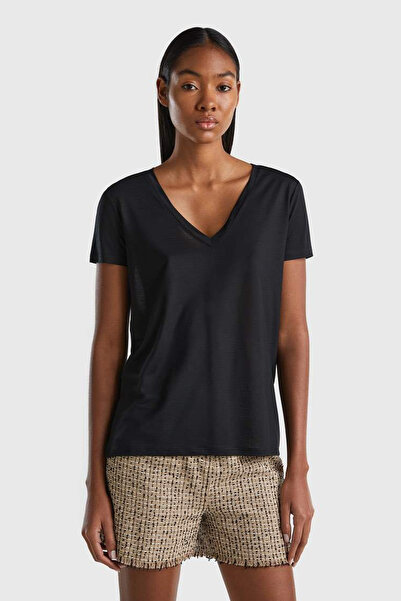 United Colors of Benetton Tricou negru pentru femei/fete Bn_100% Lyocell cu d...