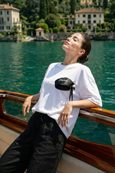 Amia&Co. White Oversize Minimal Hat Themed Printed Charm Detailed Women's T-S...