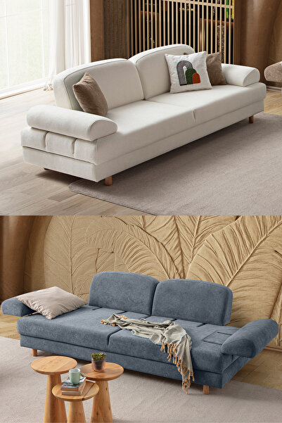 Eymense Aries Yataklı Sandıklı Koltuk Takımı 3+3 Beyaz Mavi