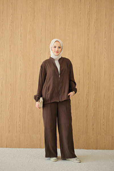 LOCCO Women's Side Stitching Detail Zipper Suit Brown