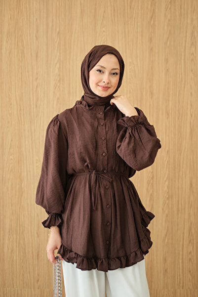 LOCCO Women's Ribbed Front Tie-Waist Shirt Brown