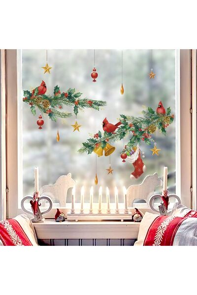 BPA ® Christmas Cardinal Pine Wall Stickers Birds Branch Gold Bells Wall Decals