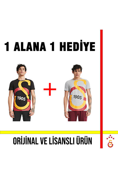 Galatasaray Lisanslı 1 Alana 1 Hediye Büyük Logo Baskılı Gri ve Siyah Tişört