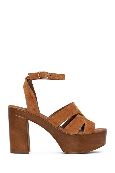 Derimod Women's Tan Ankle Buckle Thick High Heel Suede Leather Sandals 26Sfd1...