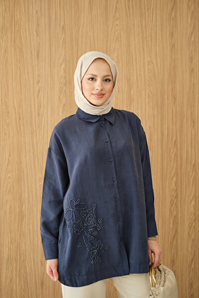LOCCO Women's Bead Embroidery Detailed Shirt Navy Blue