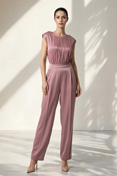 Setre Gül Kurusu Bisiklet Yaka Kısa Kollu Bluz Pantolon Detaylı Cepli Tulum